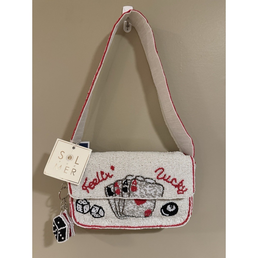 Sol and Mer White Beaded Casino Small Rectangle Shoulder Bag Lined Dice Charm